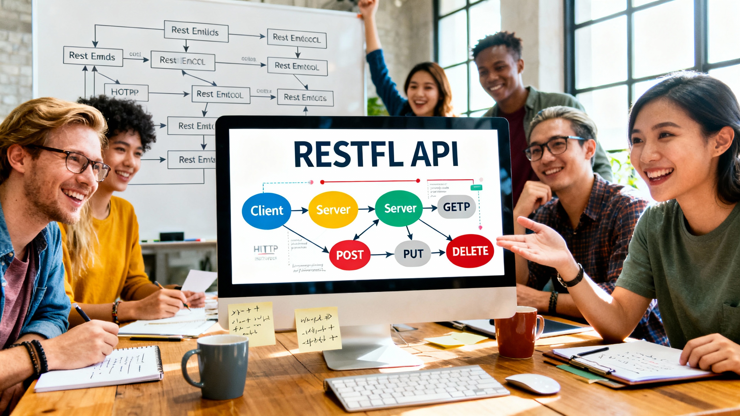 Ultra-realistisches Bild, das eine vielfältige Gruppe junger Webentwickler zeigt, die in einem modernen Arbeitsbereich zusammenarbeiten. Auf einem hellen Computerbildschirm im Vordergrund wird ein lebendiges und detailliertes Diagramm dargestellt, das RESTful-API-Konzepte veranschaulicht: verbundene Knoten mit Beschriftungen wie `Client,` `Server,` und gängige HTTP-Methoden wie GET, POST, PUT, DELETE. Der Arbeitsbereich enthält subtile Codierungselemente, Kaffeetassen und Notizblöcke mit handschriftlichen Notizen. Im Hintergrund zeigt eine große Tafel Flussdiagramme und REST-Endpunkt-URLs. Die Atmosphäre ist energiegeladen und konzentriert und fängt die Aufregung des Lernens und der Entdeckung ein.